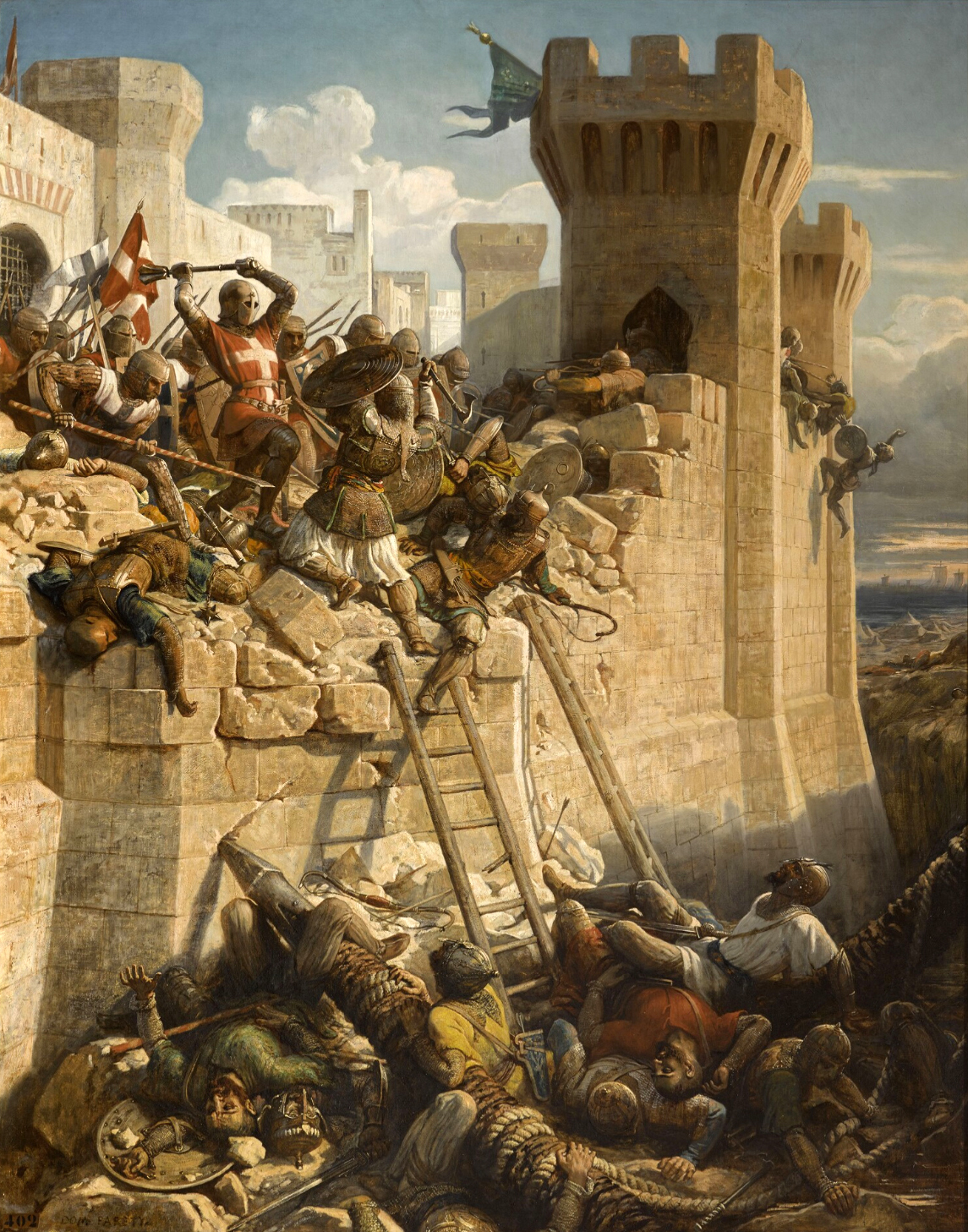 O Mestre Hospitalário Mathieu de Clermont a defender as muralhas no cerco de Acre em 1291 O Mestre Hospitalário Mathieu de Clermont a defender as muralhas no cerco de Acre em 1291