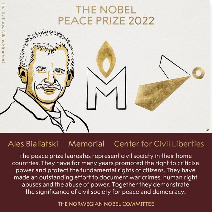 Ativista Ales Bialiatski e duas organizações de direitos humanos da Ucrânia e Rússia vencem o Nobel da Paz