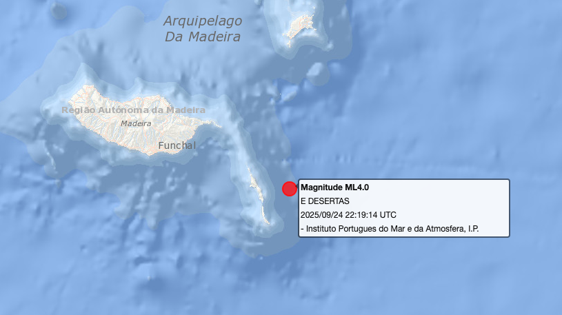 Sismo de magnitude 4,0 registado perto das Desertas na Madeira