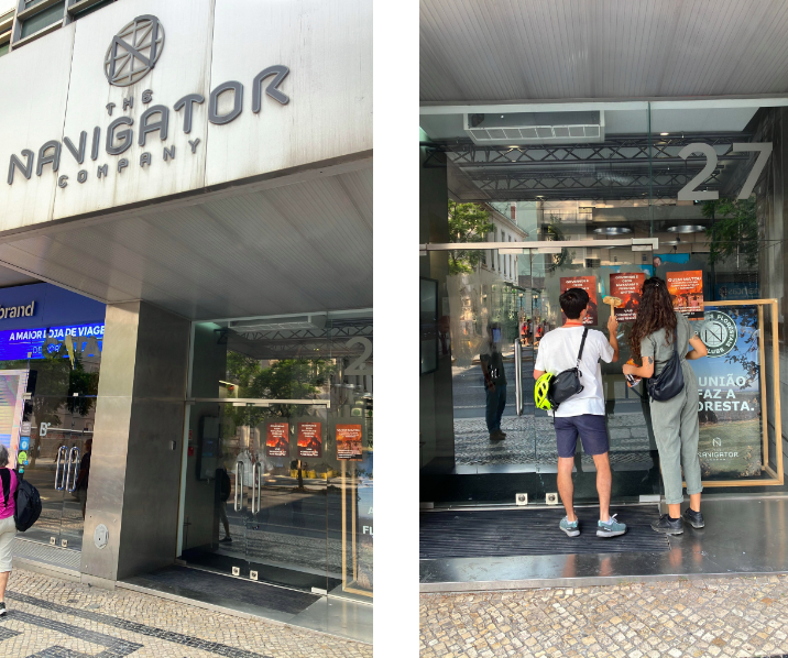Ativistas do Climáximo colam cartazes na sede da Navigator: “Quem matou as pessoas em Albergaria-a-Velha?”