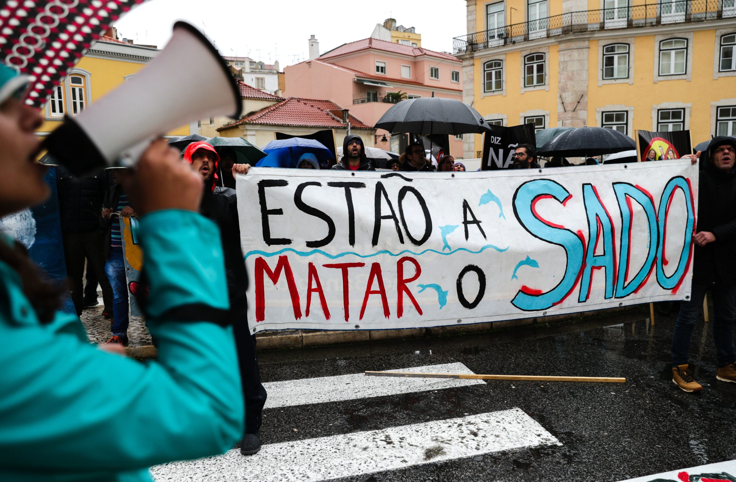 Aproximadamente 100 pessoas foram até ao parlamento protestar contra as dragagens no Sado