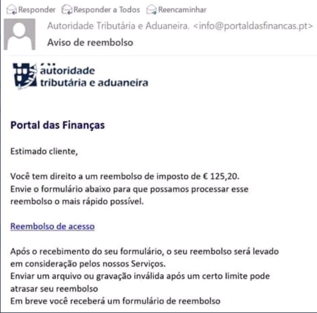 Recebeu um e-mail das Finanças a oferecer um reembolso de 125 euros? É uma mensagem fraudulenta
