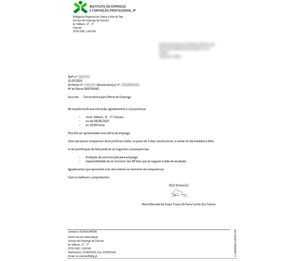 Carta do IEFP recebida por Ana 