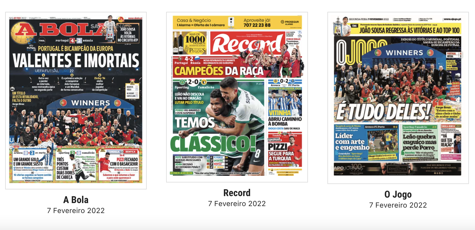 Revista de imprensa: Bagaço ganhou à vodca, Portugal é bicampeão europeu de futsal