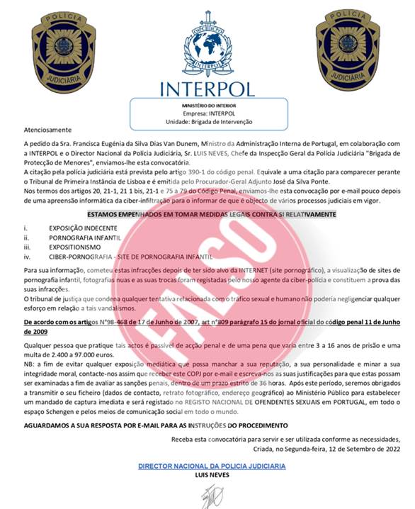 Logótipos da Polícia Judiciária e da Interpol utilizados em mensagens fraudulentas